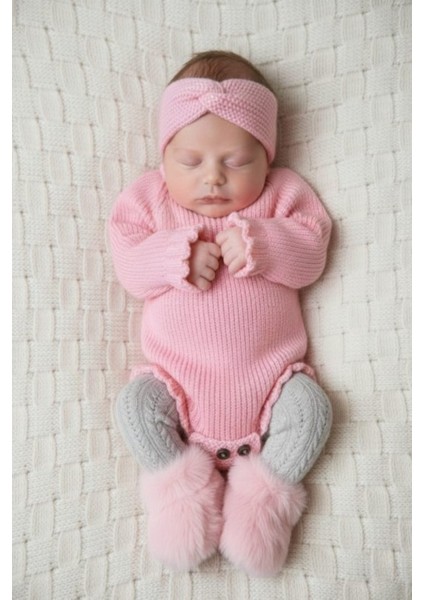 Dikişsiz Selanik Örgü Sosis Yaka Fırfırlı Kız Bebek Triko Body Kazak & Saç Bandı Ikili Takım