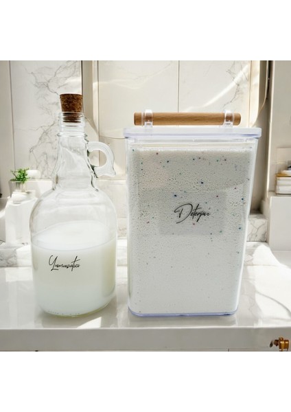 Ahşap Kulplu Deterjan ve Yumuşatıcı Kavanozu, Şeffaf Etiketli, 2000ML ve 1000ML