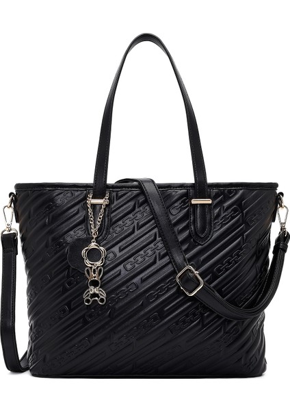 Kadın Siyah Baskılı Uzun Askılı Charmlı Klasik Omuz Çantası 25WBD286226