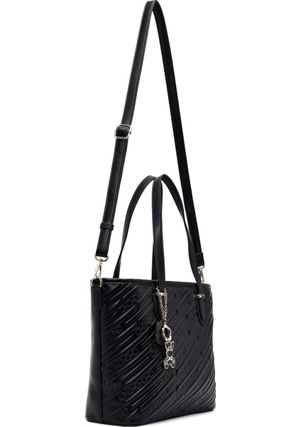 Kadın Siyah Baskılı Uzun Askılı Charmlı Klasik Omuz Çantası 25WBD286226