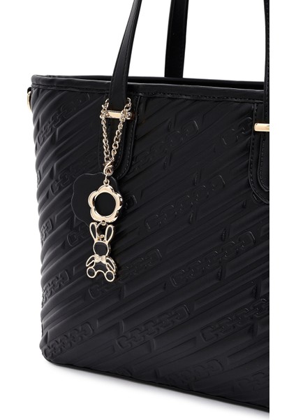 Kadın Siyah Baskılı Uzun Askılı Charmlı Klasik Omuz Çantası 25WBD286226