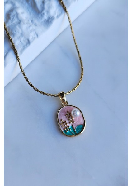 Incili Pembe Lavanta Vintage Gold Çelik Kolye