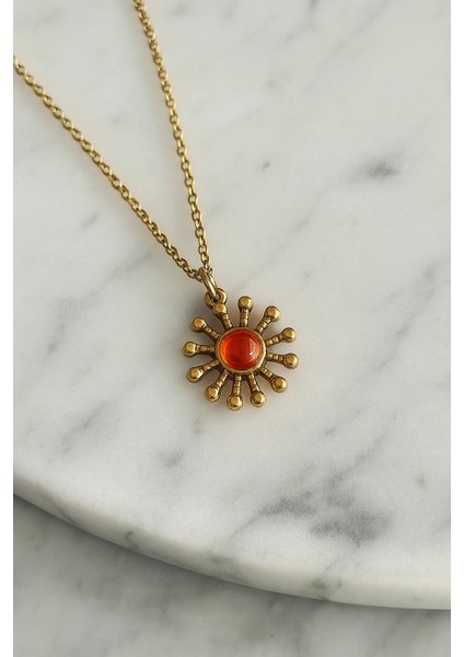 Taşlı Vintage Gold Güneş Kolye