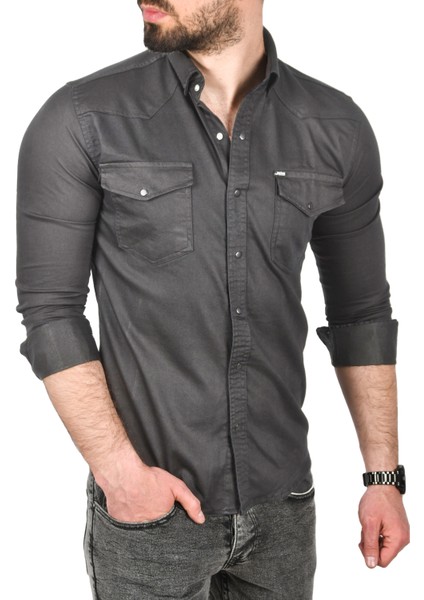 Erkek Füme Slim Fit Pamuklu Cepli Kot Gömlek Çıtçıtlı Uzun Kollu Spor Gömlek 2502503
