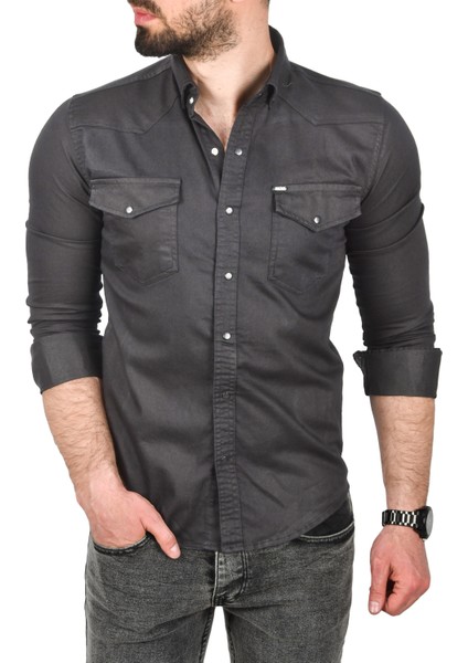 Erkek Füme Slim Fit Pamuklu Cepli Kot Gömlek Çıtçıtlı Uzun Kollu Spor Gömlek 2502503 fiyatları