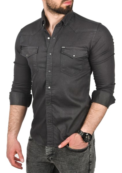Erkek Füme Slim Fit Pamuklu Cepli Kot Gömlek Çıtçıtlı Uzun Kollu Spor Gömlek 2502503 fırsatları