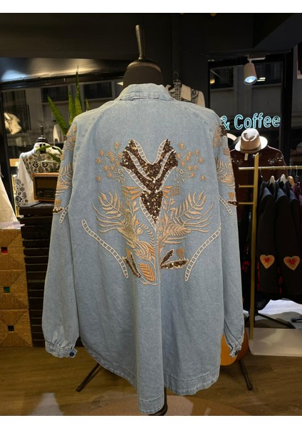 Kadın Taş Işlemeli Nakışlı Uzun Kollu Pamuk Kot Kimono