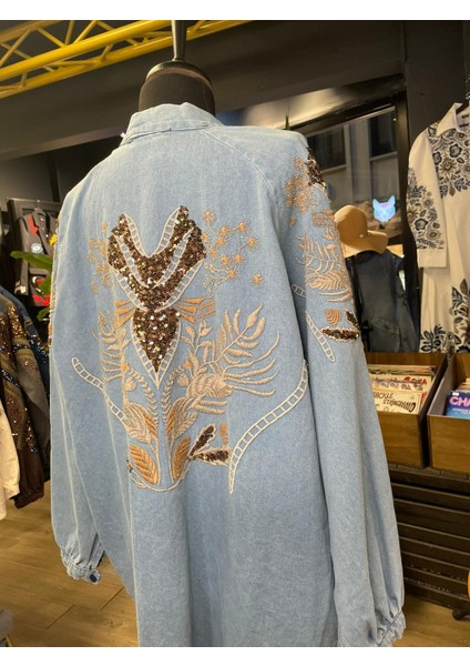 Kadın Taş Işlemeli Nakışlı Uzun Kollu Pamuk Kot Kimono fiyatları