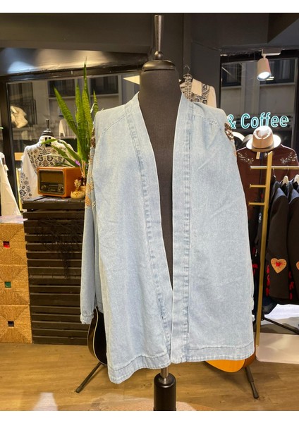 Kadın Taş Işlemeli Nakışlı Uzun Kollu Pamuk Kot Kimono fırsatları