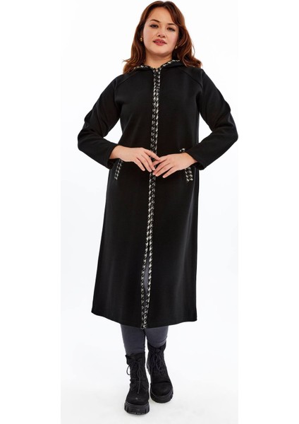 Triko Orta Kalın Mevsimlik Çelik Örgü Büyük Beden Anne Pardesü Kapşonlu Fermuarlı Uzun Siyah Hırka