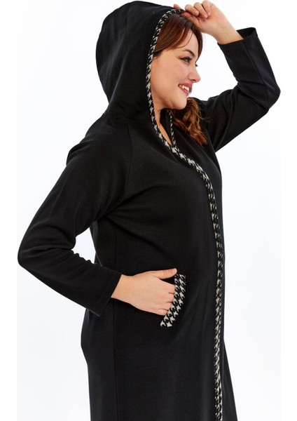 Triko Orta Kalın Mevsimlik Çelik Örgü Büyük Beden Anne Pardesü Kapşonlu Fermuarlı Uzun Siyah Hırka fiyatları
