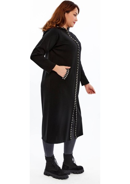 Triko Orta Kalın Mevsimlik Çelik Örgü Büyük Beden Anne Pardesü Kapşonlu Fermuarlı Uzun Siyah Hırka indirimleri