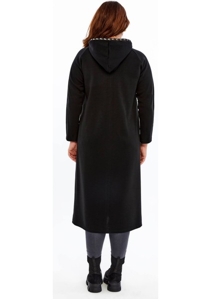Triko Orta Kalın Mevsimlik Çelik Örgü Büyük Beden Anne Pardesü Kapşonlu Fermuarlı Uzun Siyah Hırka