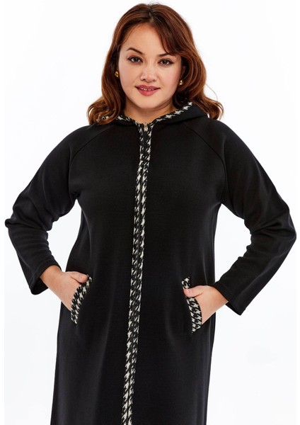 Triko Orta Kalın Mevsimlik Çelik Örgü Büyük Beden Anne Pardesü Kapşonlu Fermuarlı Uzun Siyah Hırka