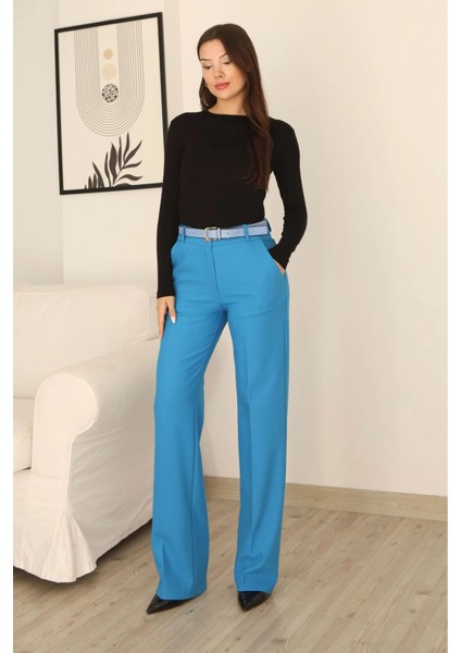 Cep Detaylı Kemerli Kumaş Pantolon 6156-İNDIGO