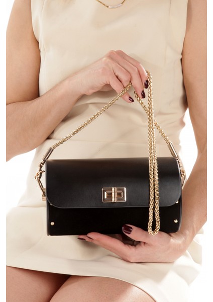 Liora Siyah Süet Çapraz Zincir Askılı Günlük Abiye Gerçek Deri Kadın El ve Omuz Çantası