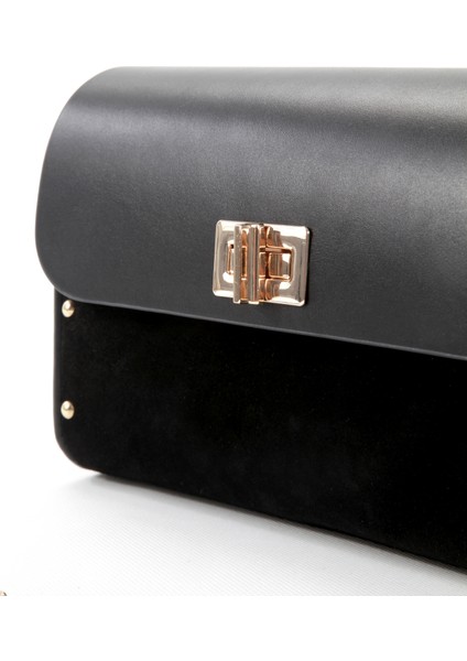 Liora Siyah Süet Çapraz Zincir Askılı Günlük Abiye Gerçek Deri Kadın El ve Omuz Çantası