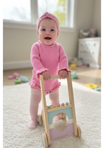 Dikişsiz Selanik Örgü Sosis Yaka Fırfırlı Kız Bebek Triko Body Kazak & Saç Bandı Ikili Takım