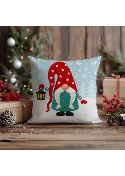 Yılbaşı Noel Baba Nakış Desenli, Dijital Baskılı, Çift Taraflı Kırlent Kılıfı. 2'li Set Kırlent Kılıfı