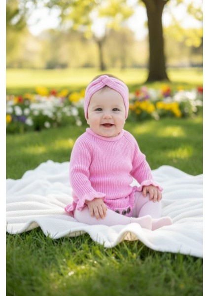 Dikişsiz Selanik Örgü Sosis Yaka Fırfırlı Kız Bebek Triko Body Kazak & Saç Bandı Ikili Takım fiyatları