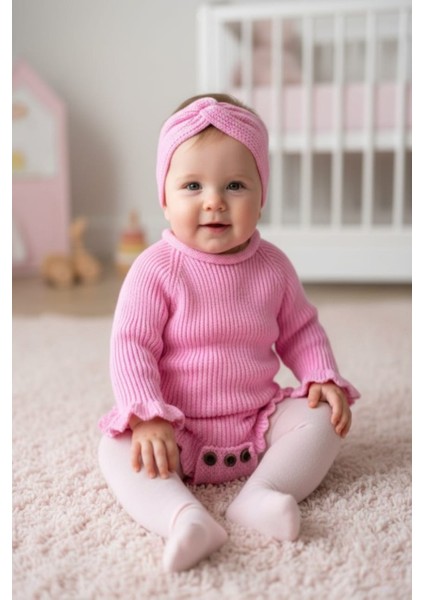 Dikişsiz Selanik Örgü Sosis Yaka Fırfırlı Kız Bebek Triko Body Kazak & Saç Bandı Ikili Takım modelleri