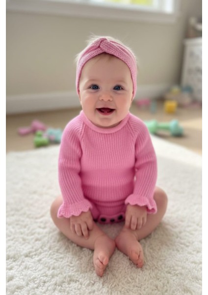 Dikişsiz Selanik Örgü Sosis Yaka Fırfırlı Kız Bebek Triko Body Kazak & Saç Bandı Ikili Takım