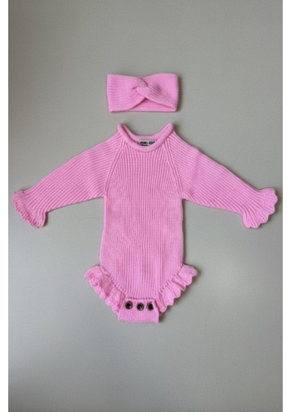 Dikişsiz Selanik Örgü Sosis Yaka Fırfırlı Kız Bebek Triko Body Kazak & Saç Bandı Ikili Takım