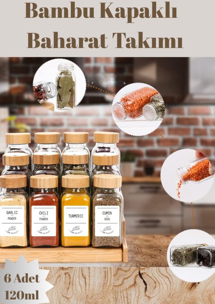 6'lı Set Bambu Kapaklı Kare Cam Baharatlık Takımı Etiket Hediyeli