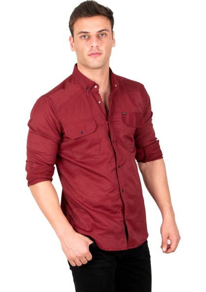 Erkek Bordo Slim Fit Dar Kesim Pamuklu Spor Gömlek Çıtçıtlı Likralı Gabardin Gömlek 2300421