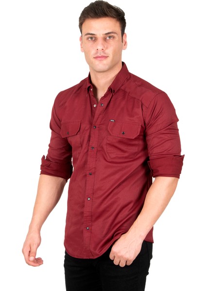 Erkek Bordo Slim Fit Dar Kesim Pamuklu Spor Gömlek Çıtçıtlı Likralı Gabardin Gömlek 2300421 fırsatları