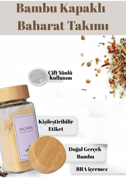 6'lı Set Bambu Kapaklı Kare Cam Baharatlık Takımı Etiket Hediyeli modelleri