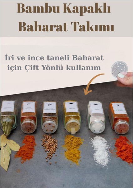 6'lı Set Bambu Kapaklı Kare Cam Baharatlık Takımı Etiket Hediyeli indirimleri