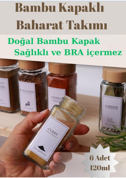 6'lı Set Bambu Kapaklı Kare Cam Baharatlık Takımı Etiket Hediyeli