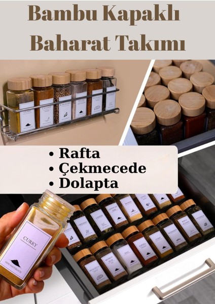 6'lı Set Bambu Kapaklı Kare Cam Baharatlık Takımı Etiket Hediyeli