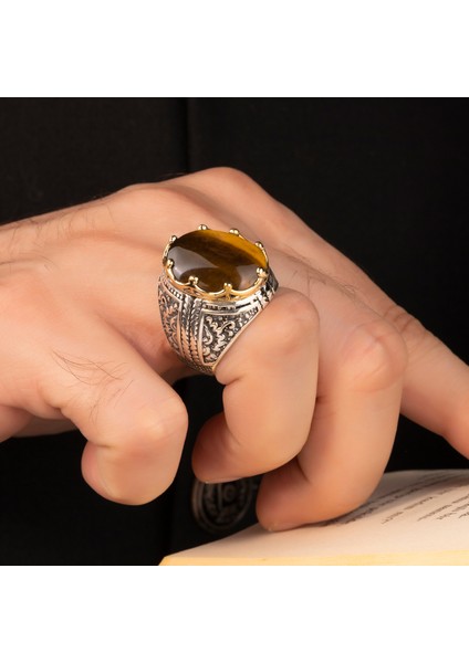 Kaplan Gözü Taşlı 925 Ayar Erkek Gümüş Yüzük modelleri