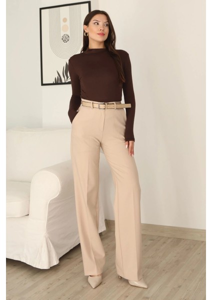 Cep Detaylı Kemerli Kumaş Pantolon 6156-BEJ