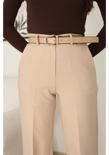 Cep Detaylı Kemerli Kumaş Pantolon 6156-BEJ indirimleri