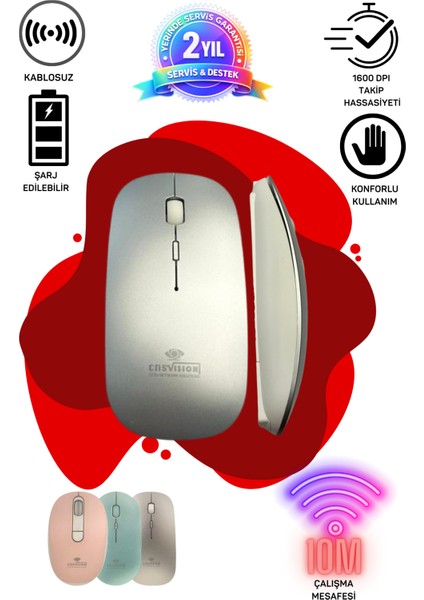 Tablet Telefon Laptop Windows Uyumlu Kablosuz Şarjlı Mouse Gri