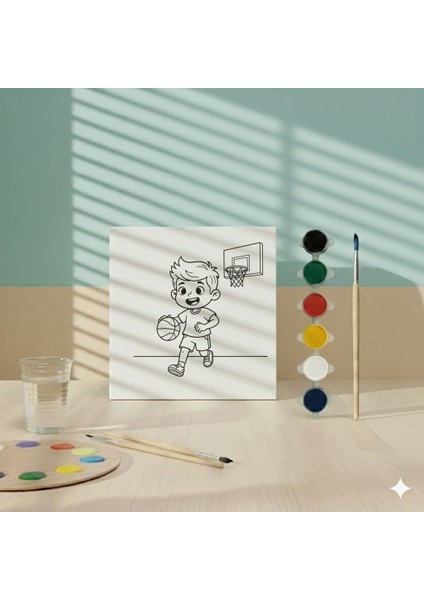 Çocuklar Için Sevimli Basketbolcu Figürlü Spor Temalı Tuval Boyama Seti