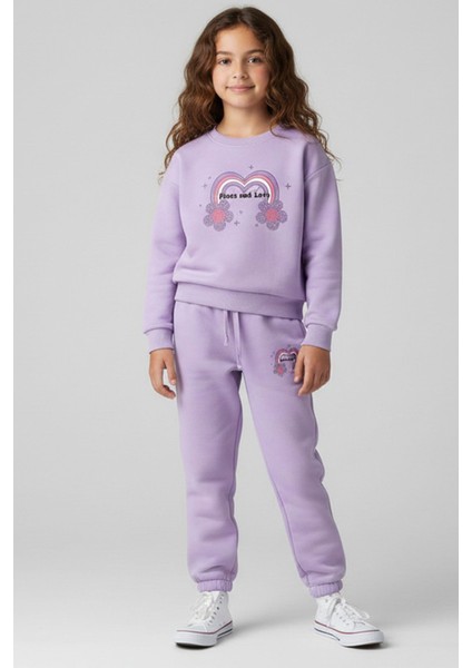 Kız Çocuk Kışlık 6 - 9 Yaş Gökkuşağı Baskılı Içi Polarlı Yumuşak Takım - 6264360