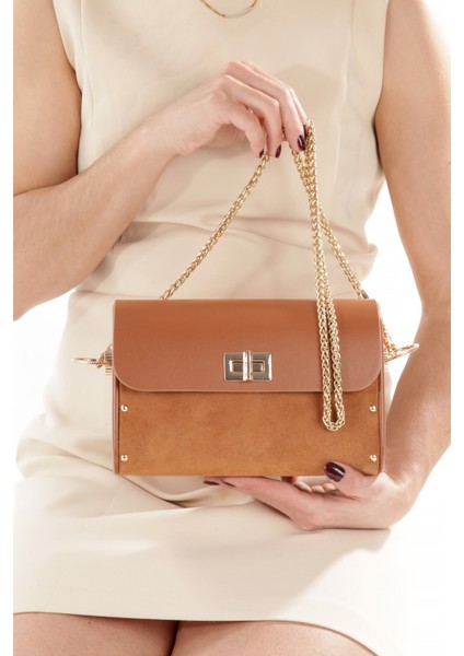 Liora Taba Süet Çapraz Zincir Askılı Günlük Abiye Gerçek Deri Kadın El ve Omuz Çantası