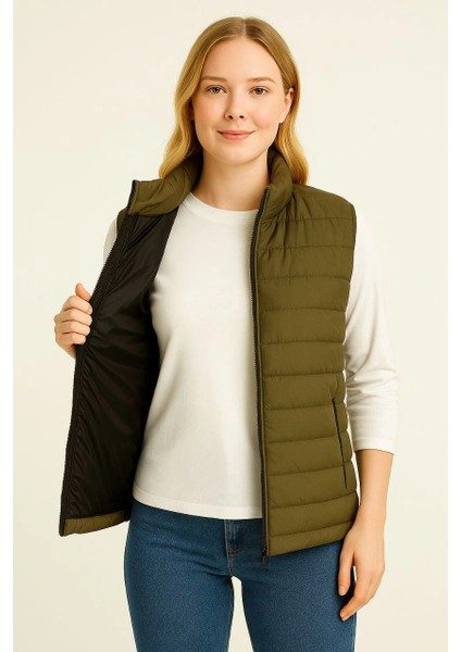 Kadın Şişme Fermuarlı Yelek Su Itici Kapitone Astarlı Kumaş Cepli Hafif Kışlık Spor Rahat Kalıp - Haki