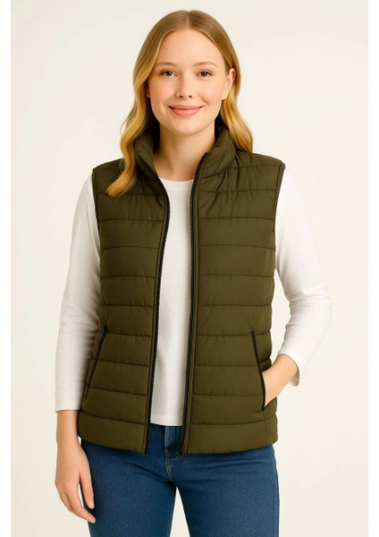 Kadın Şişme Fermuarlı Yelek Su Itici Kapitone Astarlı Kumaş Cepli Hafif Kışlık Spor Rahat Kalıp - Haki fiyatları