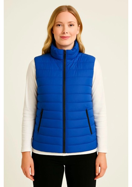 Kadın Şişme Fermuarlı Yelek Su Itici Kapitone Astarlı Kumaş Cepli Hafif Kışlık Spor Rahat Kalıp - Saks Mavisi fiyatları