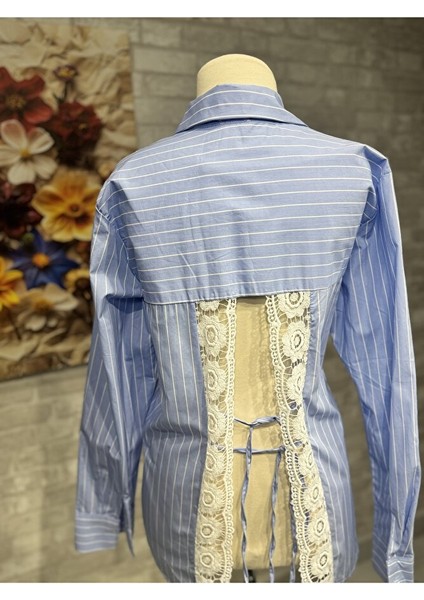 Mavi Dantel Mix Sırt Detaylı Çizgili Gömlek