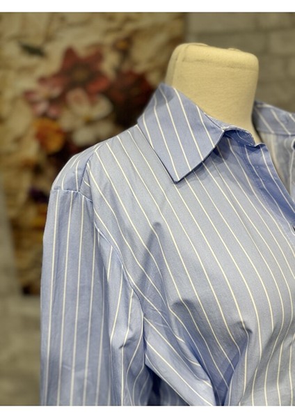 Mavi Dantel Mix Sırt Detaylı Çizgili Gömlek fiyatları