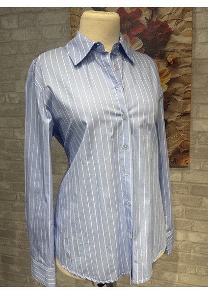 Mavi Dantel Mix Sırt Detaylı Çizgili Gömlek modelleri