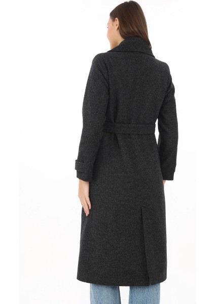 Premium Kadın Kaşe Kaban Uzun Boy, Balık Sırtı Yünlü Kaşmir Dokuma, Kruvaze Kuşaklı Astarlı - Siyah fırsatları