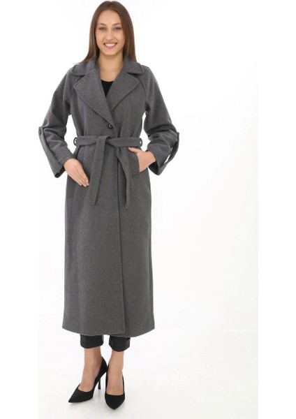 Kadın Uzun Kaşe Kaban - Yünlü Dokuma Kaşmir Kumaş, Kruvaze Yaka, Kuşaklı Astarlı Tesettür Uyumlu Şık Kışlık Siyah Model - Füme modelleri