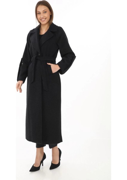 Kadın Uzun Kaşe Kaban - Yünlü Dokuma Kaşmir Kumaş, Kruvaze Yaka, Kuşaklı Astarlı Tesettür Uyumlu Şık Kışlık Siyah Model - Siyah